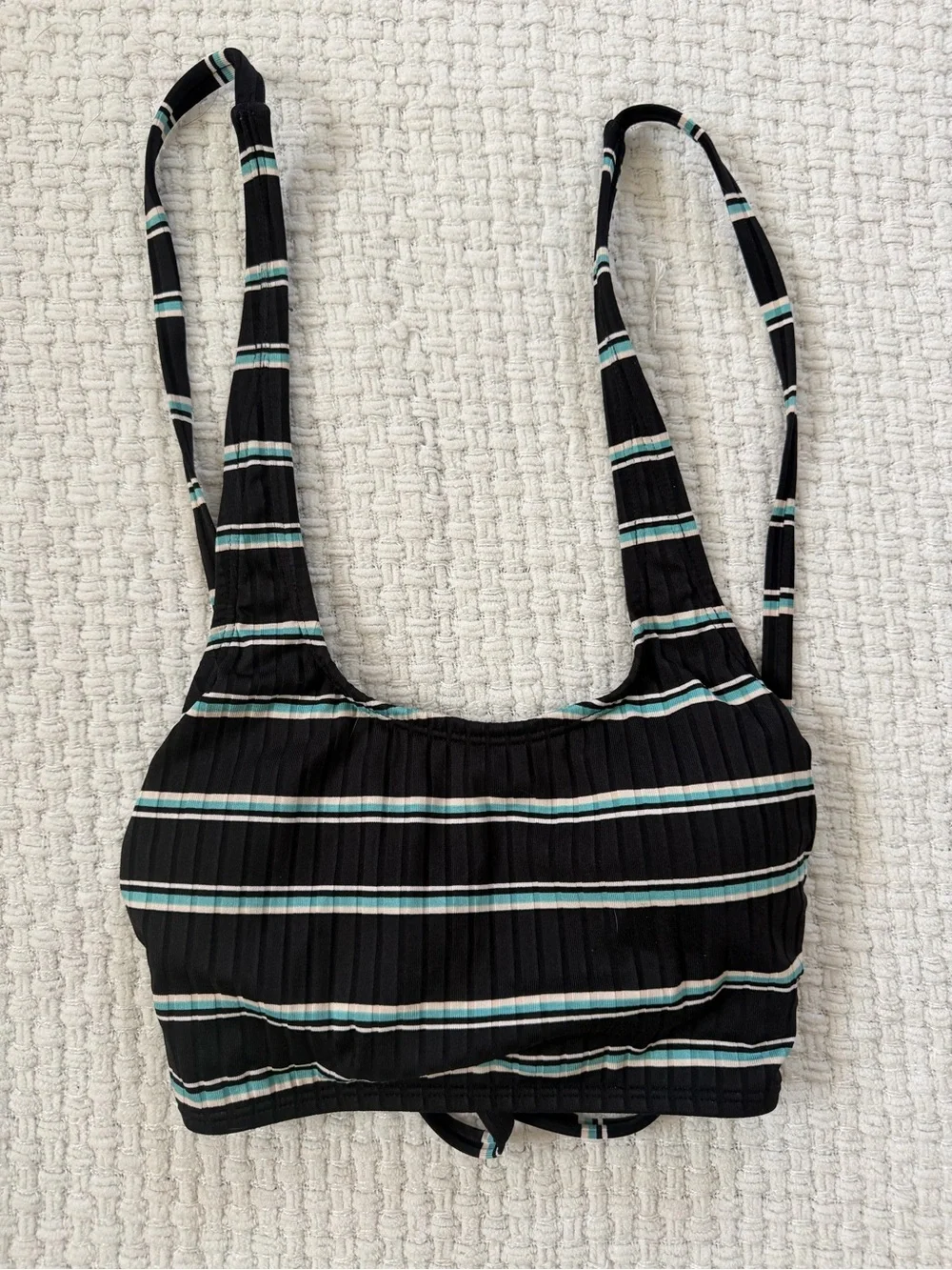 Black Striped Ribbed Swim Top with Teal Accent